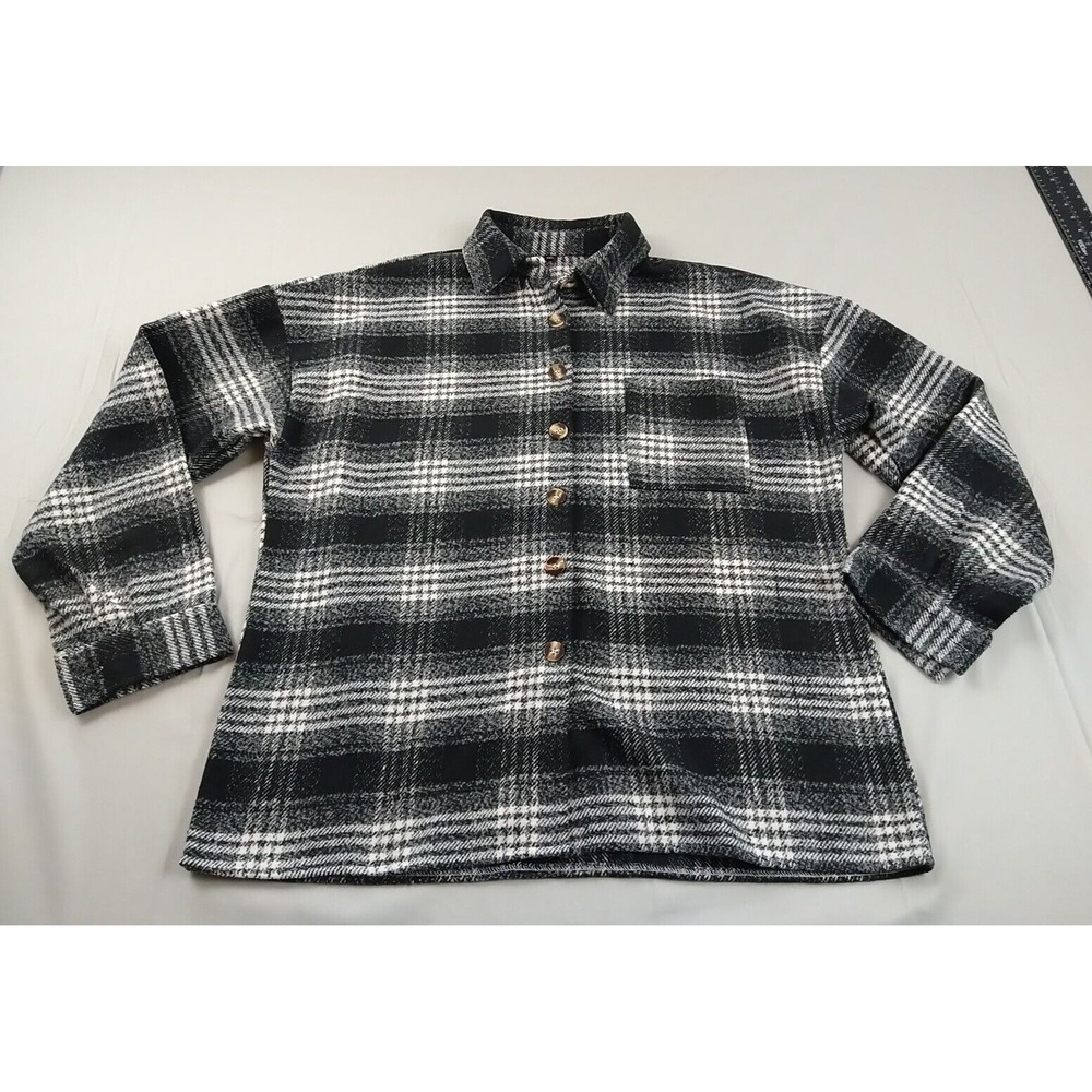Flannel Jacket Ladies XL Black/White Plaid Long Sleeve Button Down Outdoor (926)